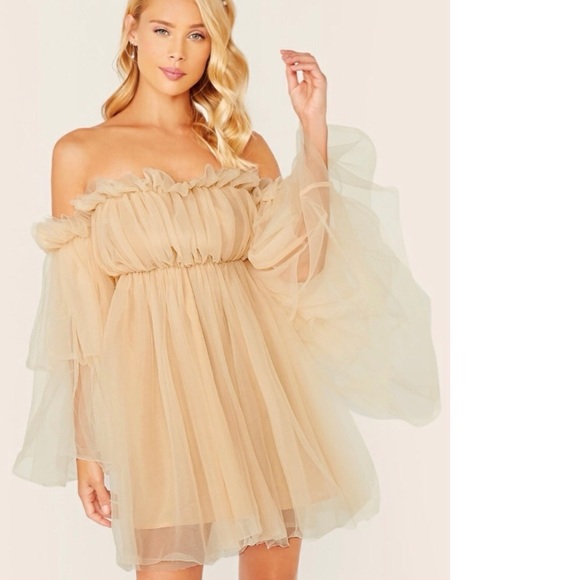 Ruffle dress mesh off shoulder fairy layer cream bell wide sleeve - Picture 2 of 14